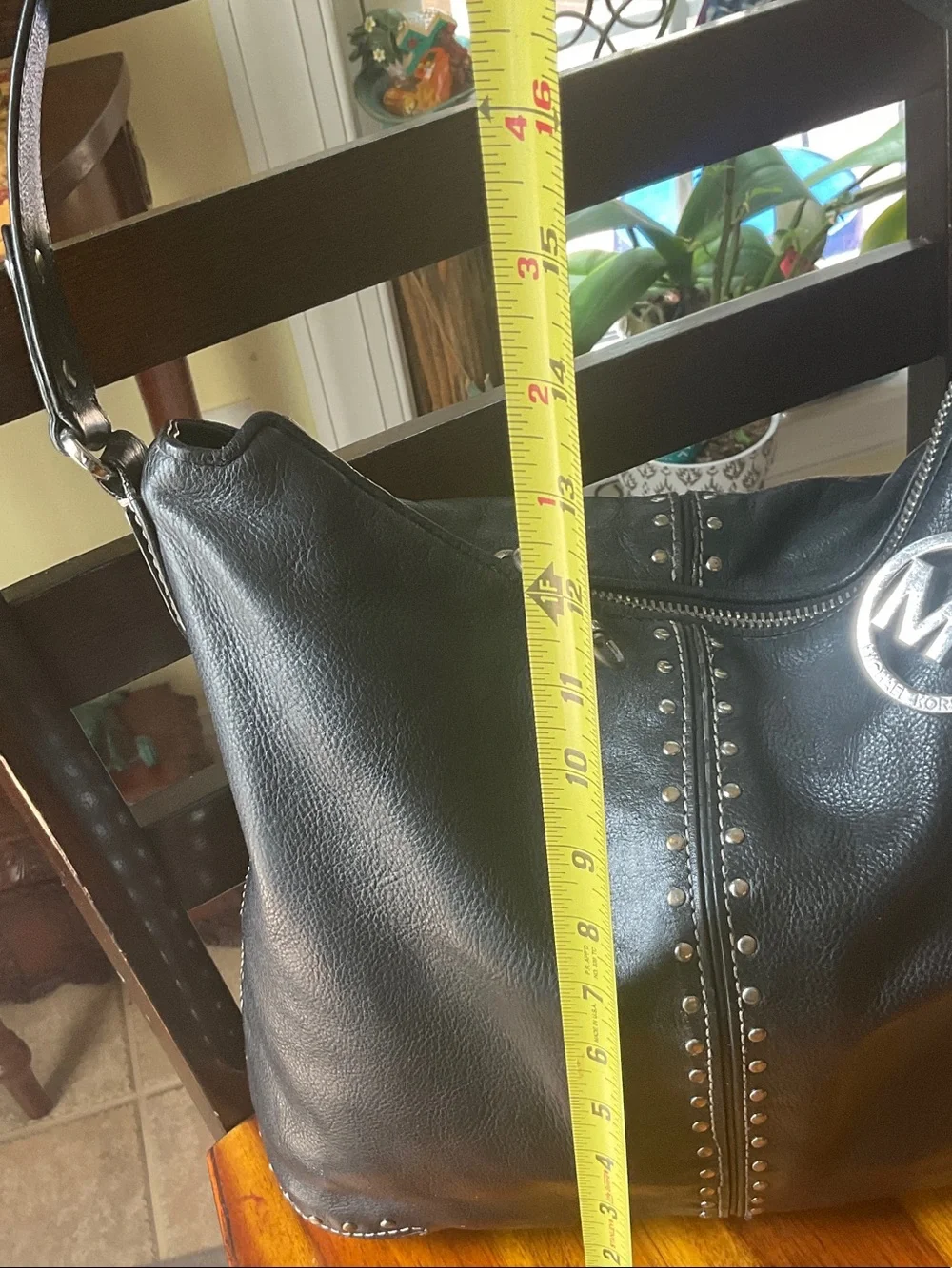 Michael Kors Black Leather Stud-Trim Hobo with MK Charm